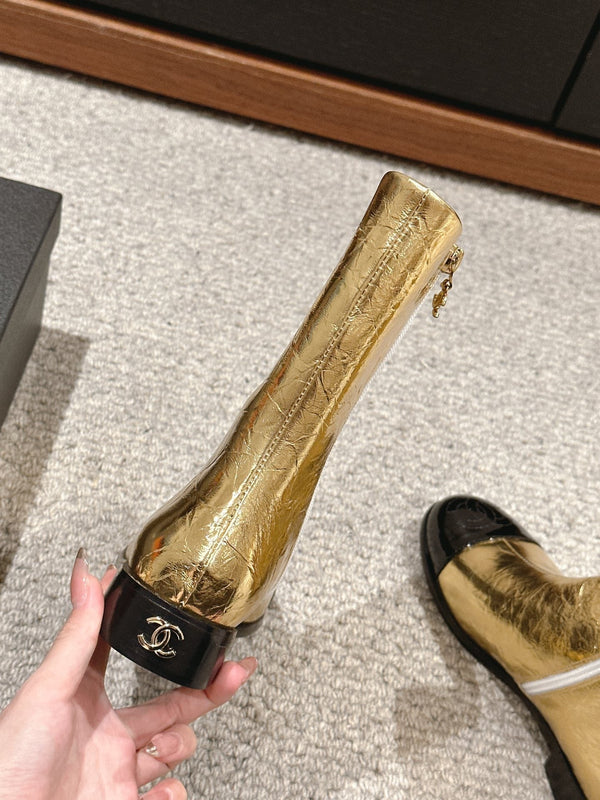 CC Short Boot Gold Metalic Lambskin Black Patent Calfskin