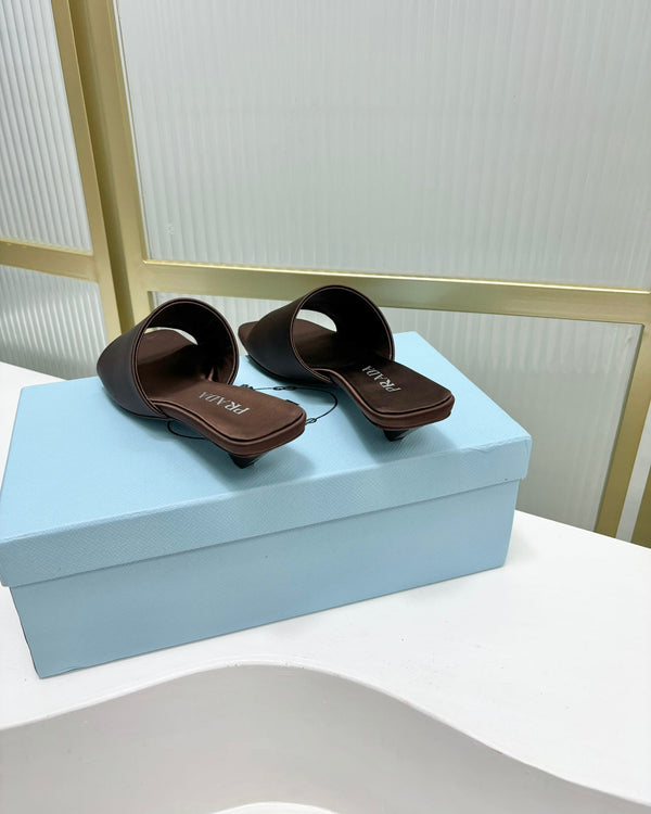 PRA TRIANGLE HEEL SATIN SLIPPERS BROWN