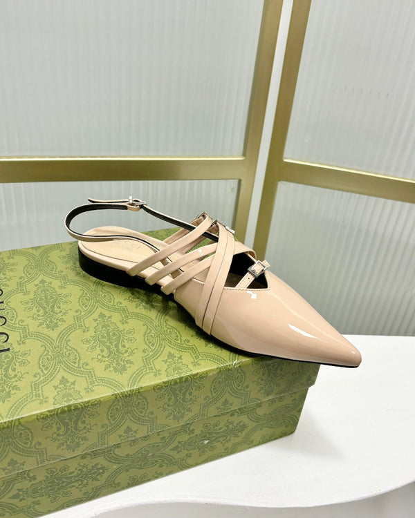 DÉCOLLETÉ PIATTE CON CINTURINI IN PELLE DI VITELLO LUCIDA BEIGE CREMA