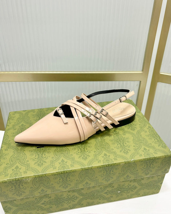 DÉCOLLETÉ PIATTE CON CINTURINI IN PELLE DI VITELLO LUCIDA BEIGE CREMA