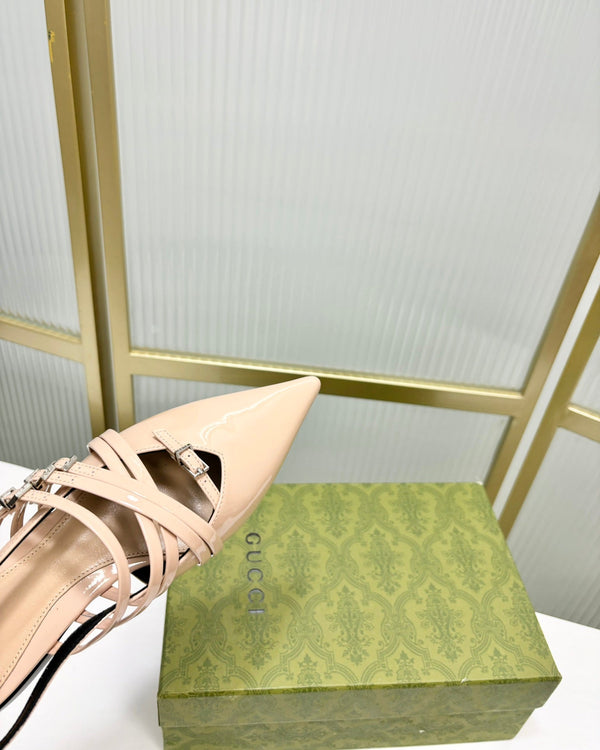 DÉCOLLETÉ PIATTE CON CINTURINI IN PELLE DI VITELLO LUCIDA BEIGE CREMA