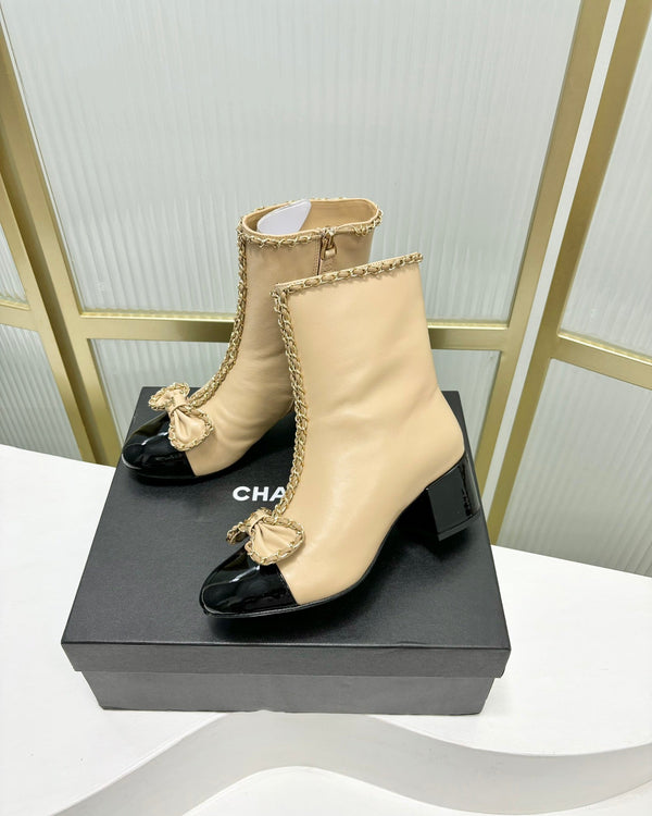 CC Ankle Boot 65 Beige Calfskin Black Patent Calfksin Leather Strap