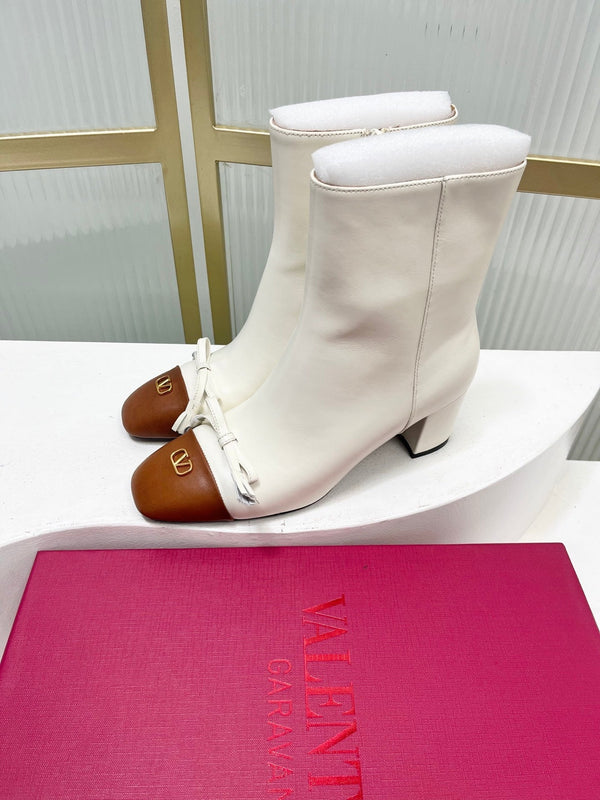 Valentino 2025 Bow Square Toe Zipper Ankle Boot White Brown Cowhide 549735