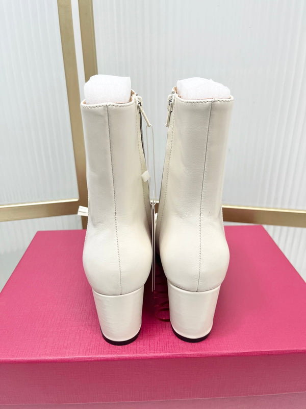 Valentino 2025 Bow Square Toe Zipper Ankle Boot White Brown Cowhide 549735