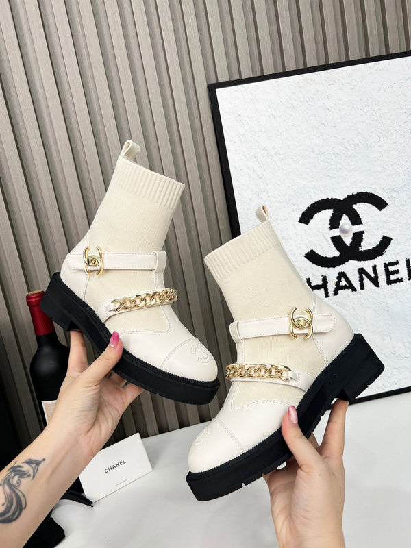CC 26s Combat Sock Boots White Calfskin Ribbed Knit 924506
