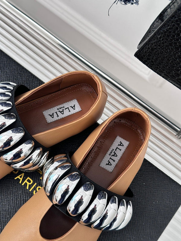 Alaia 25 Mary Jane Jewel Ballet Flats Brown Calfskin 293247