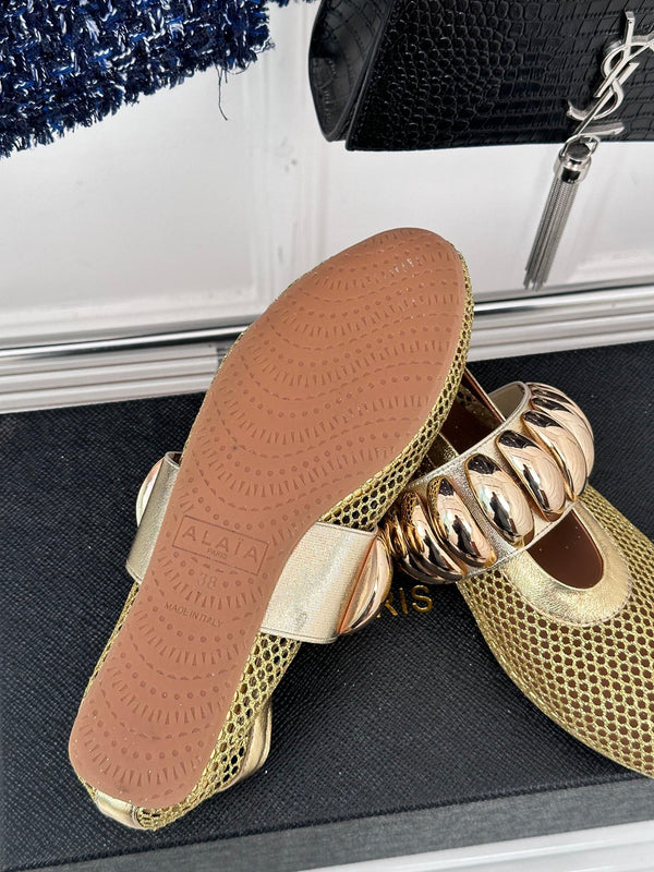 Alaia 25 Mary Jane Mesh Ballet Flats Gold Calfskin 293249
