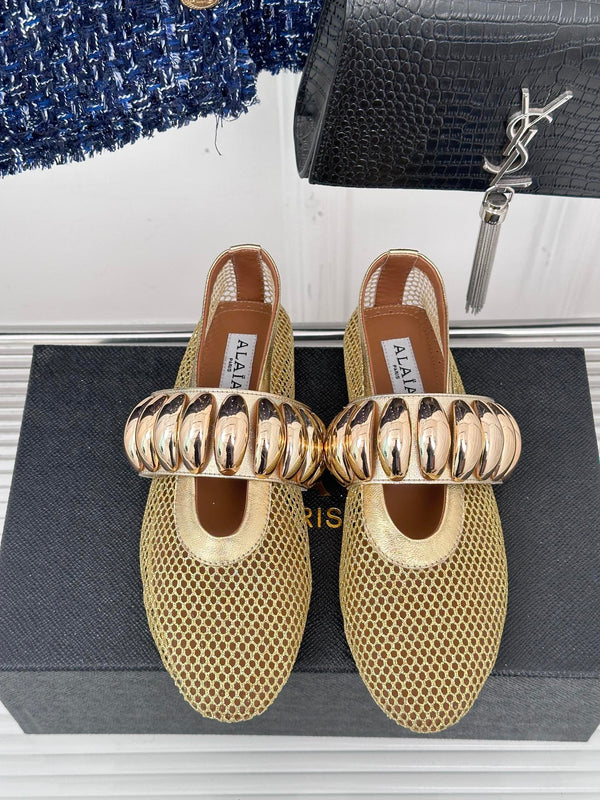 Alaia 25 Mary Jane Mesh Ballet Flats Gold Calfskin 293249