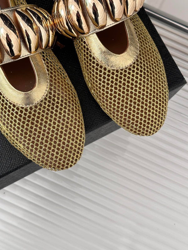 Alaia 25 Mary Jane Mesh Ballet Flats Gold Calfskin 293249