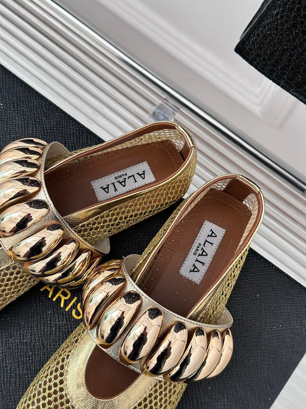 Alaia 25 Mary Jane Mesh Ballet Flats Gold Calfskin 293249