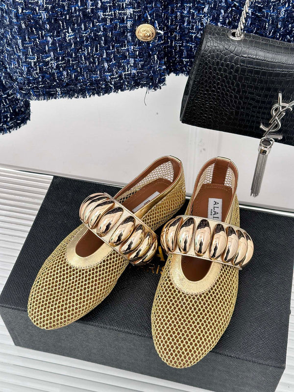 Alaia 25 Mary Jane Mesh Ballet Flats Gold Calfskin 293249