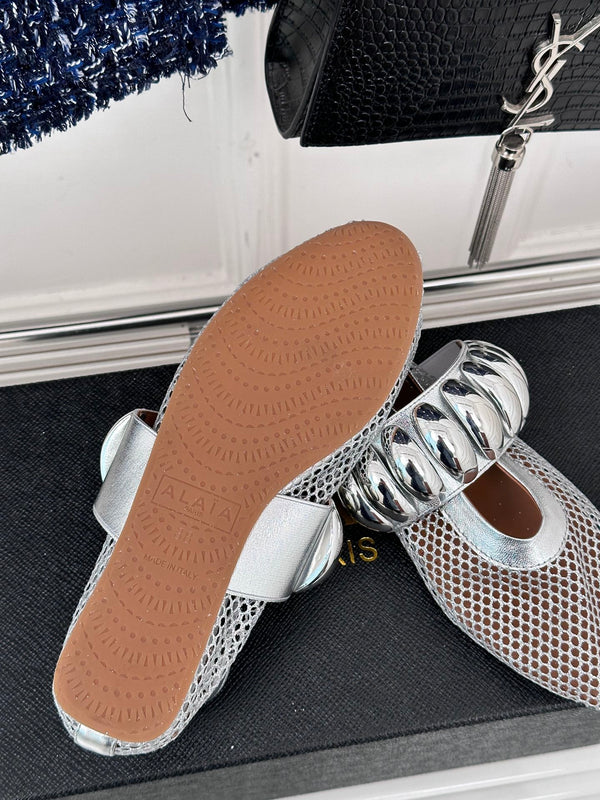 Alaia 25 Mary Jane Mesh Ballet Flats Silver Calfskin 293250