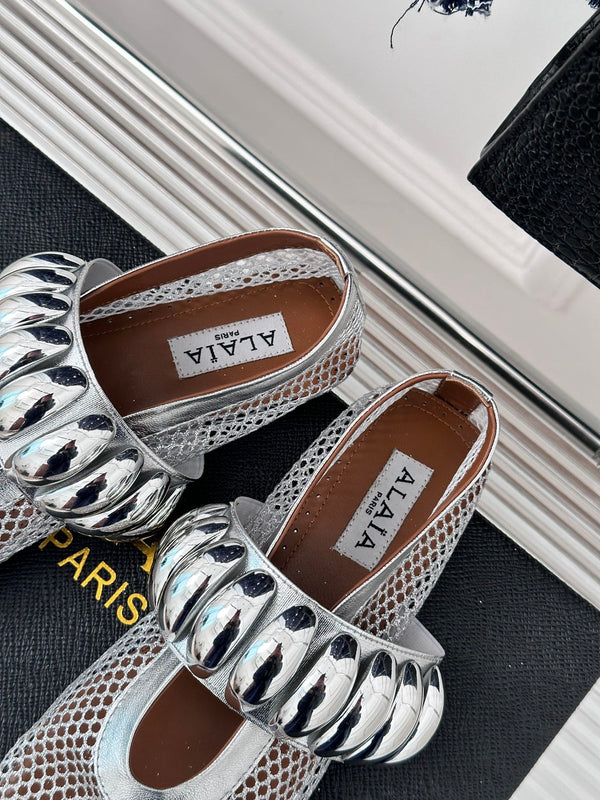 Alaia 25 Mary Jane Mesh Ballet Flats Silver Calfskin 293250