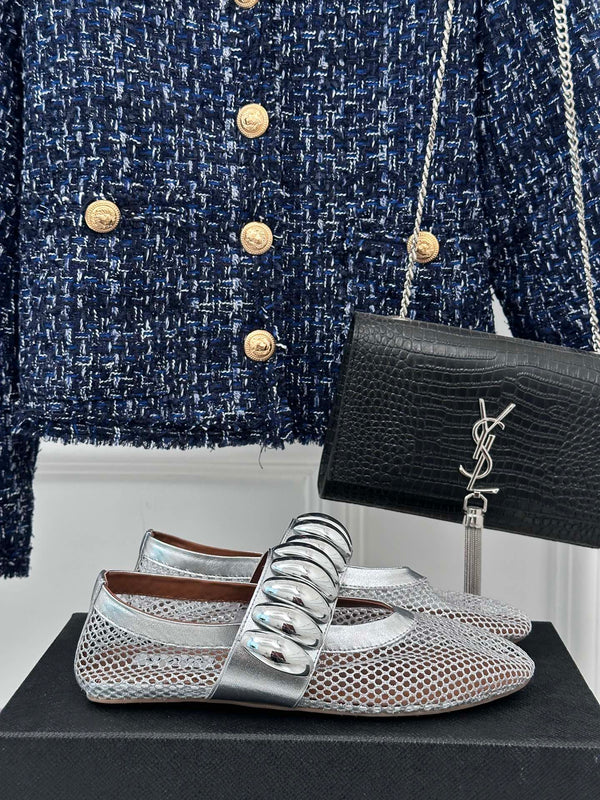 Alaia 25 Mary Jane Mesh Ballet Flats Silver Calfskin 293250