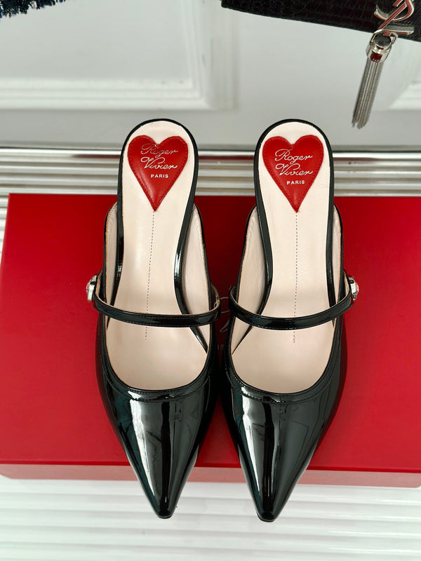 Mary Jane Virgule Mules 55 Black Patent Leather