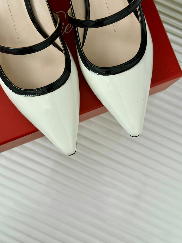 Mary Jane Virgule Mules 55 Balck White Patent Leather