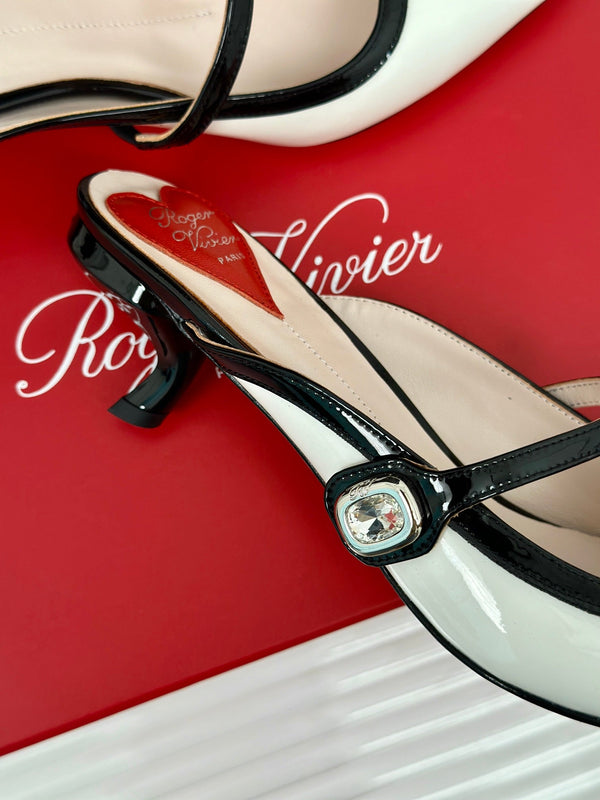 Mary Jane Virgule Mules 55 Balck White Patent Leather