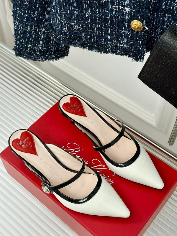 Mary Jane Virgule Mules 55 Balck White Patent Leather