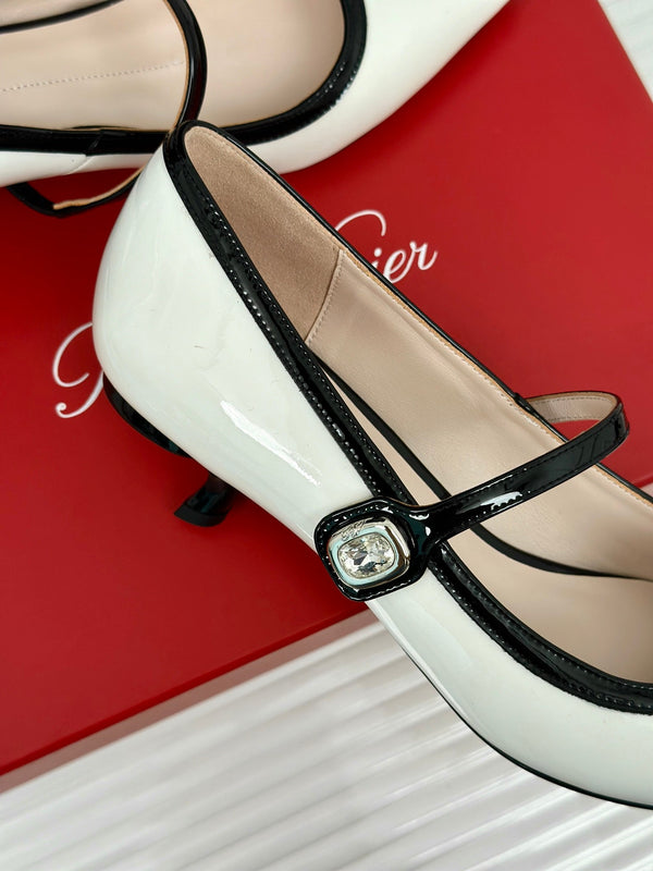 Mary Jane Virgule Pumps 55 Black White Patent Leather