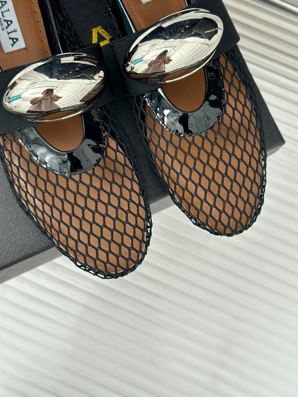 ALAIA MARY JANE SHOES IN BLACK MESH WITH SILVER HARDWARE