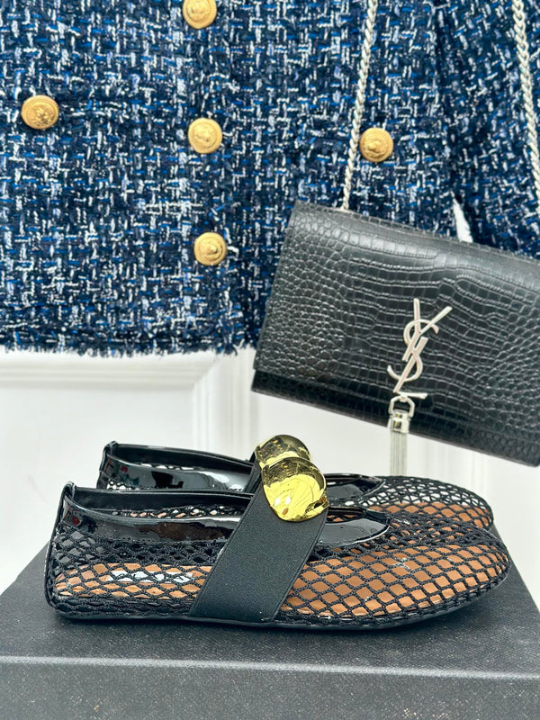 ballet flat jewel fishnet black lambskin