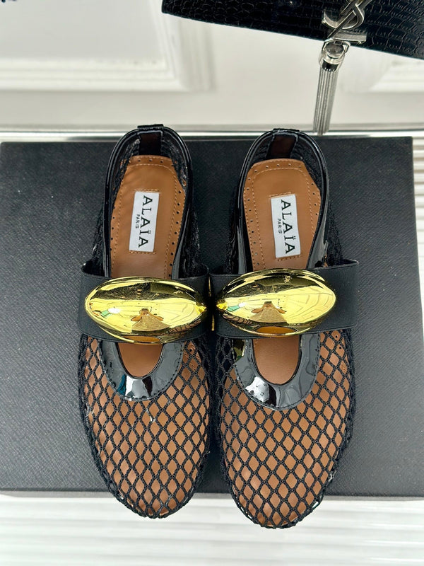 ballet flat jewel fishnet black lambskin