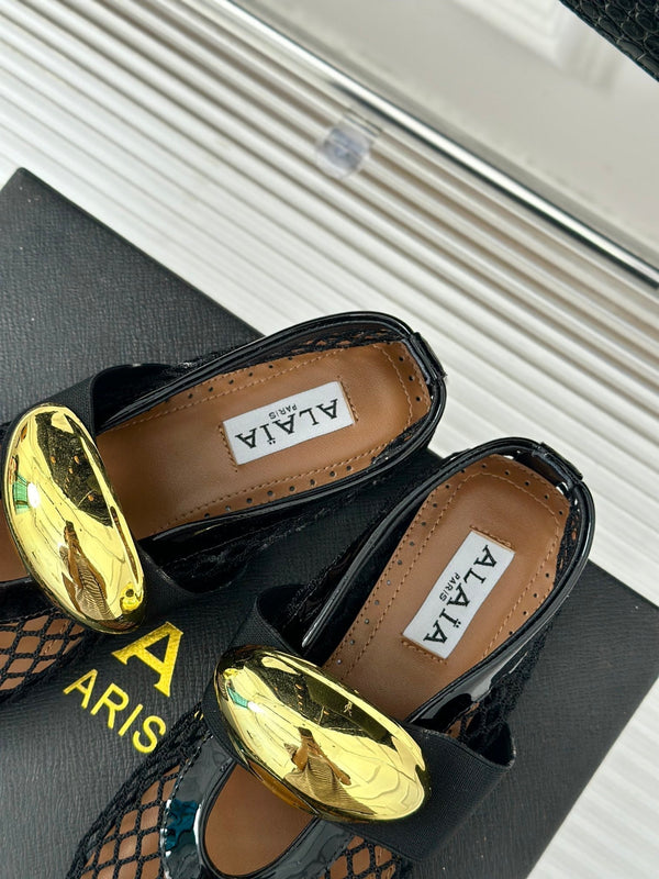 ballet flat jewel fishnet black lambskin