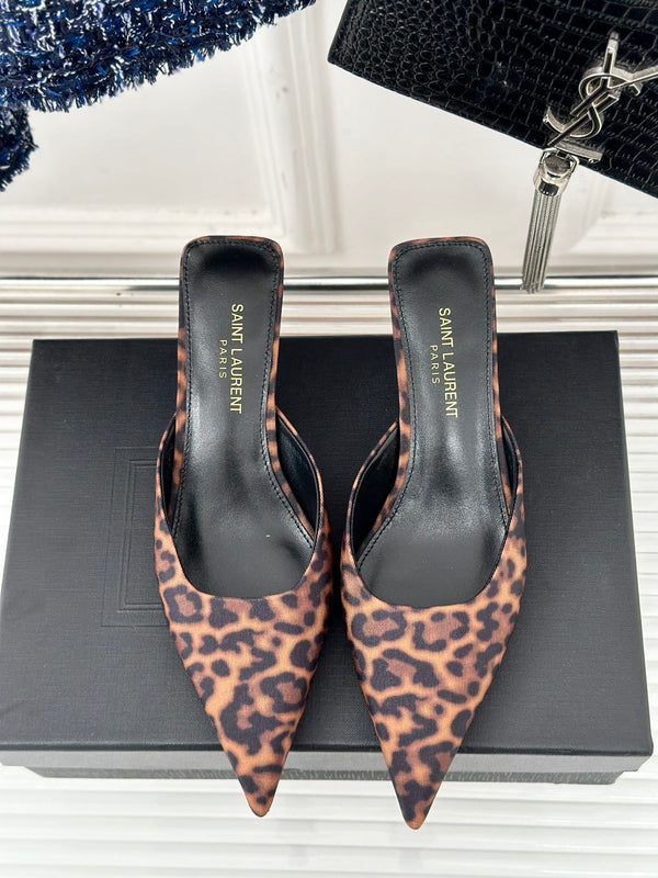 SL BARBARA MULES 55 LEOPARD MOTIF SATIN