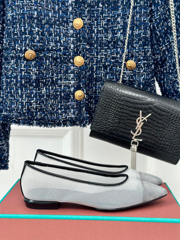 LP Primula Ballet Flat In White Mix Black Mesh Fabric With Suede Lining 989402