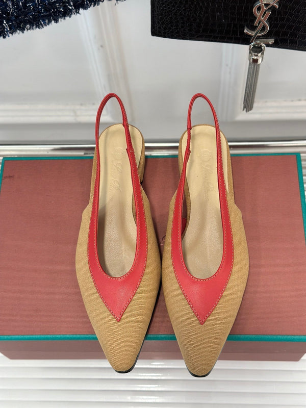 LP Rebecca Slingbacks In Mustard Brown Mix Red Cotton Fabric And Lambskin 989414