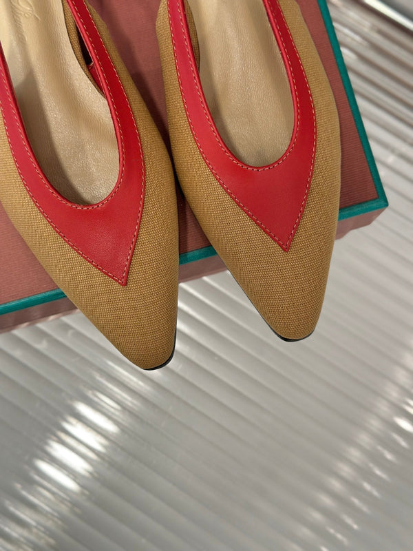 LP Rebecca Slingbacks In Mustard Brown Mix Red Cotton Fabric And Lambskin 989414