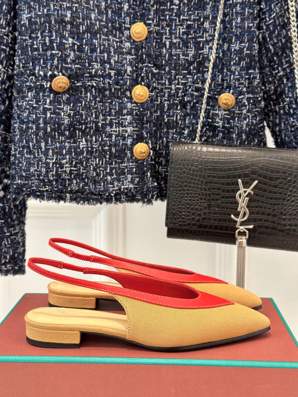 LP Rebecca Slingbacks In Mustard Brown Mix Red Cotton Fabric And Lambskin 989414