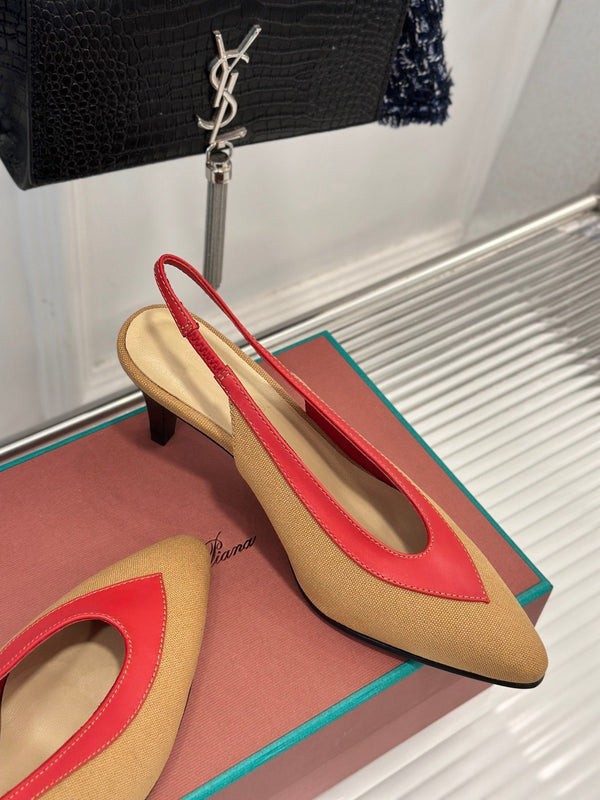 LP Rebecca Slingbacks In Mustard Brown Mix Red Cotton Fabric And Lambskin 989419