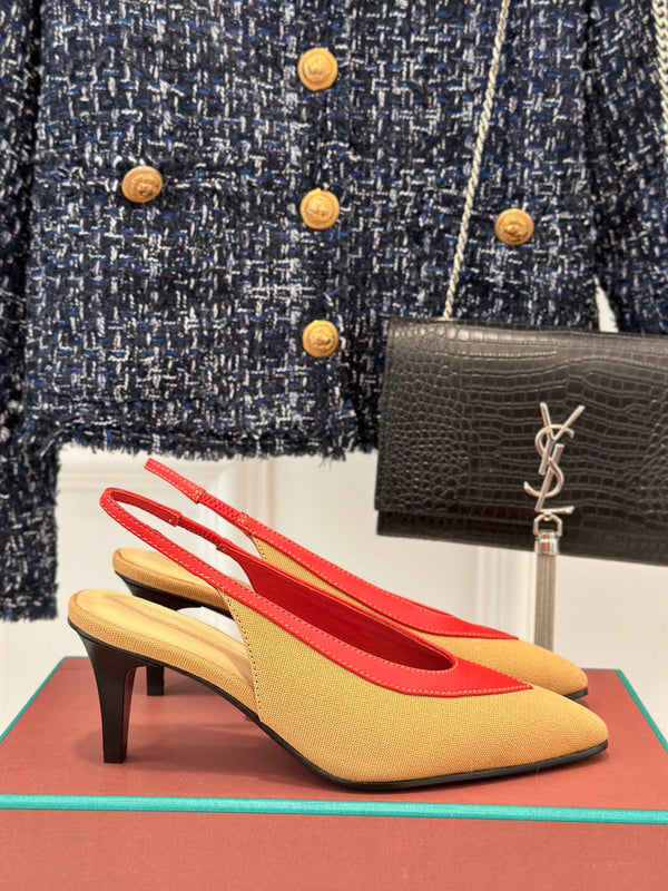 LP Rebecca Slingbacks In Mustard Brown Mix Red Cotton Fabric And Lambskin 989419