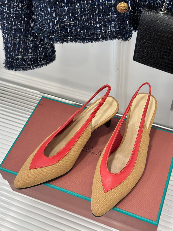 LP Rebecca Slingbacks In Mustard Brown Mix Red Cotton Fabric And Lambskin 989419