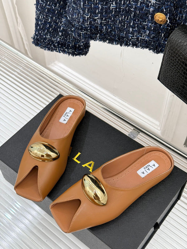 Alaia Slipper With Gold Hardware Brown Calfskin 293202