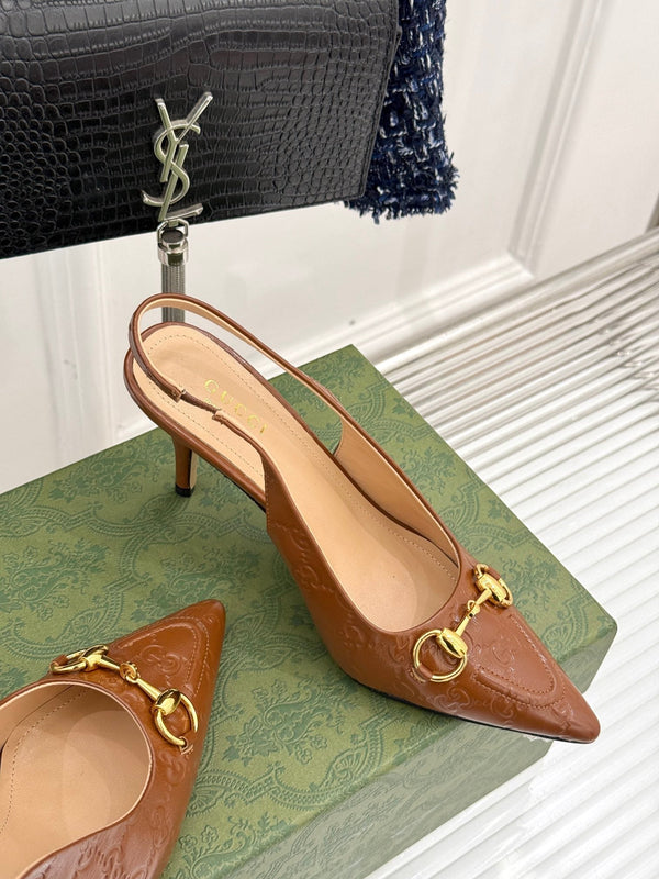GG Horsebit Slingback 85MM Brown GG Leather Point Toe