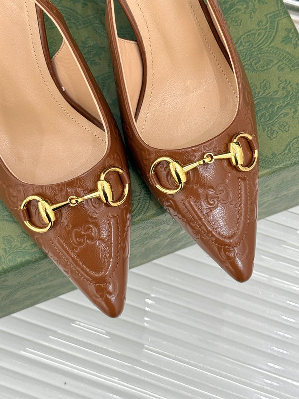 GG Horsebit Slingback 85MM Brown GG Leather Point Toe