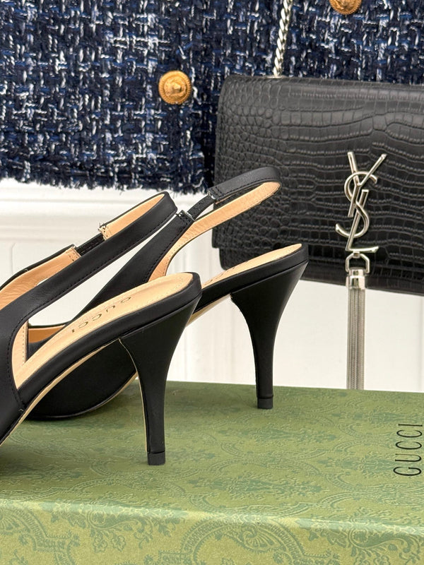 GG Horsebit Slingback 85MM Black Leather Point Toe