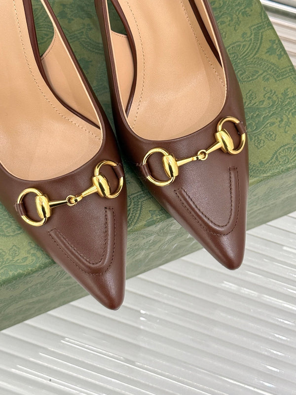 GG Horsebit Slingback 85MM Brown Leather Point Toe