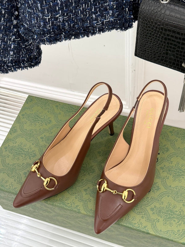GG Horsebit Slingback 85MM Brown Leather Point Toe