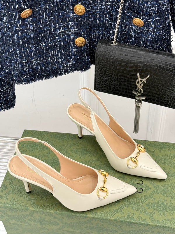 GG Horsebit Slingback 85MM Cream Leather Point Toe