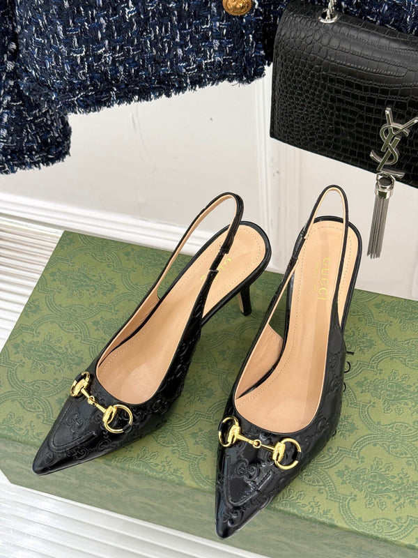 GG Horsebit Slingback 85MM Black GG Leather Point Toe