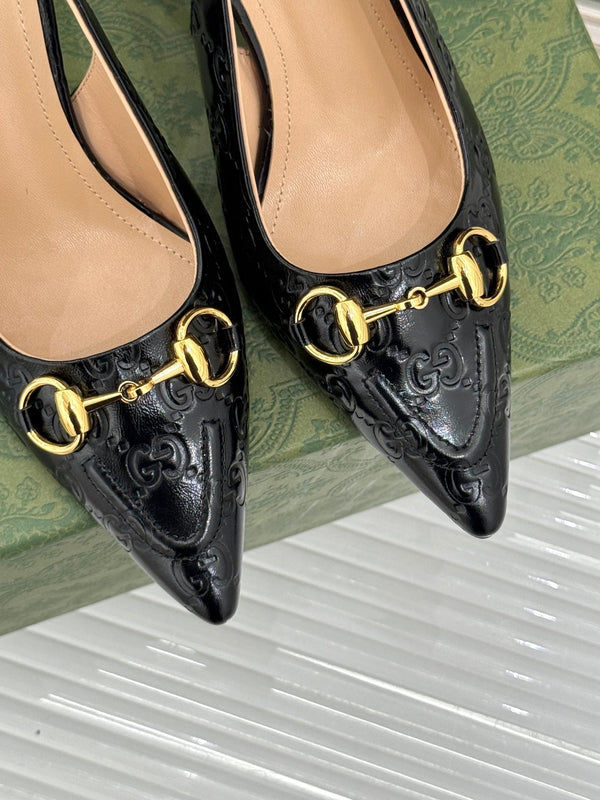 GG Horsebit Slingback 85MM Black GG Leather Point Toe