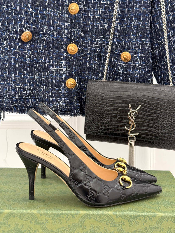 GG Horsebit Slingback 85MM Black GG Leather Point Toe