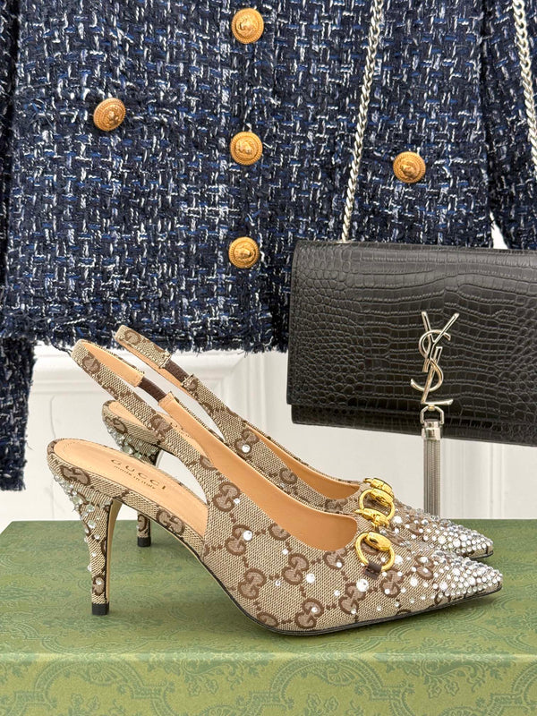 GG Horsebit Slingback 85MM Beige Ebony Monogram Canvas Point Toe Crystal-Embellished