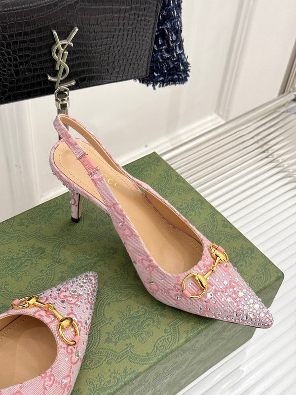 GG Horsebit Slingback 85MM Beige Pink Monogram Canvas Point Toe Crystal-Embellished