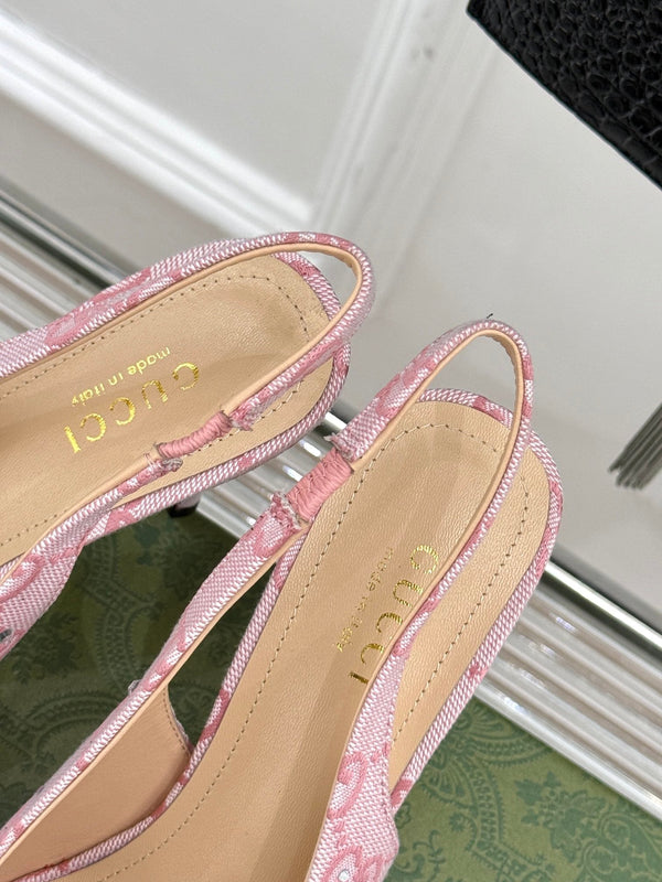 GG Horsebit Slingback 85MM Beige Pink Monogram Canvas Point Toe Crystal-Embellished