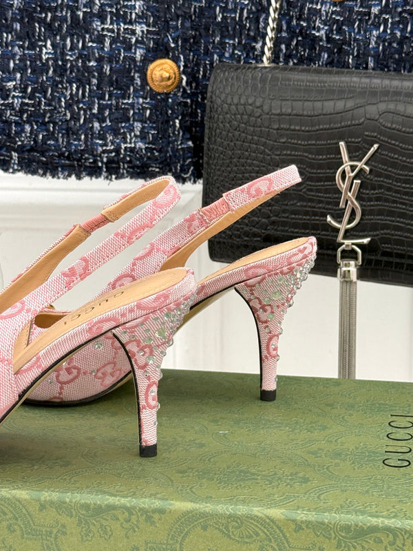GG Horsebit Slingback 85MM Beige Pink Monogram Canvas Point Toe Crystal-Embellished