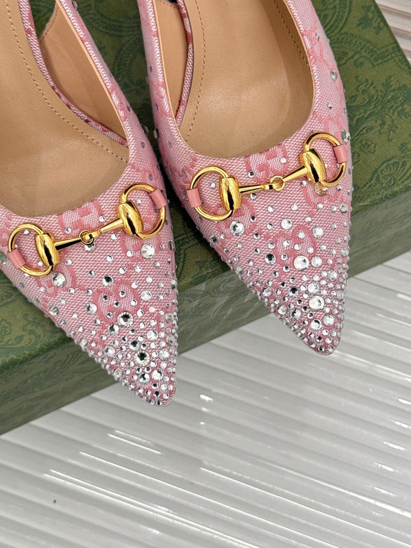 GG Horsebit Slingback 85MM Beige Pink Monogram Canvas Point Toe Crystal-Embellished